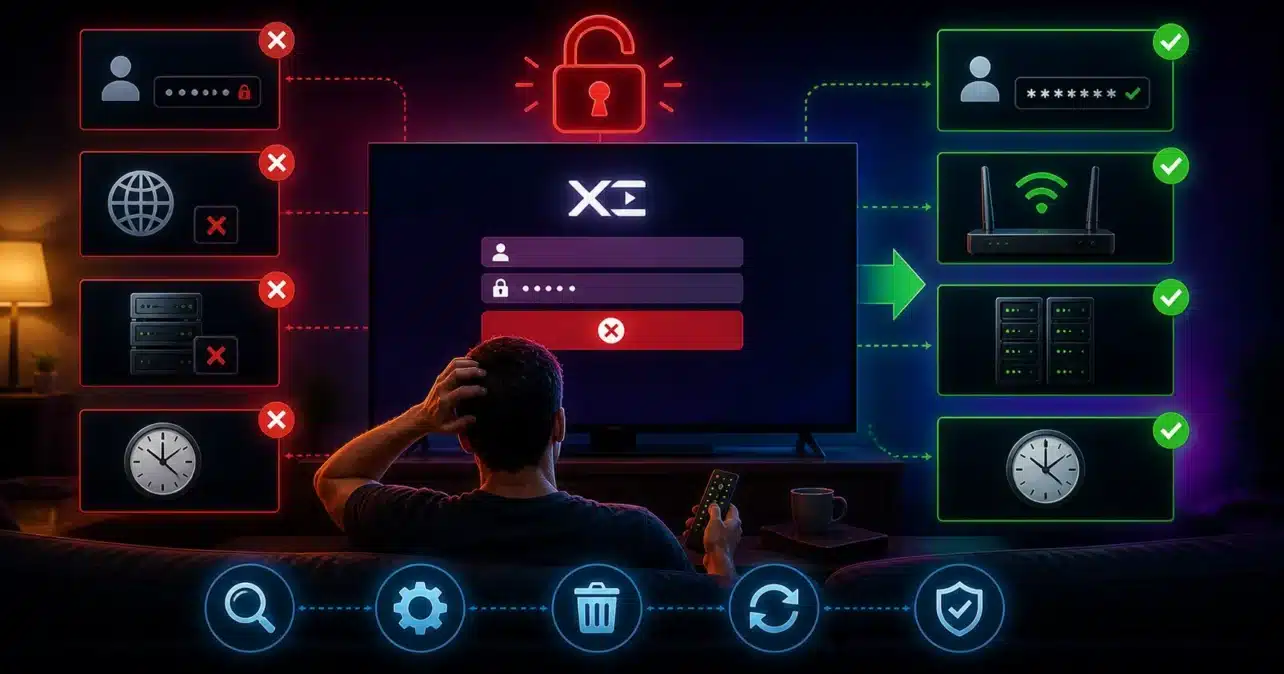 A cinematic troubleshooting scene showing a failed IPTV login with incorrect credentials, connection issues, and server errors, alongside visual indicators of successful fixes and restored access.
