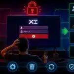 A cinematic troubleshooting scene showing a failed IPTV login with incorrect credentials, connection issues, and server errors, alongside visual indicators of successful fixes and restored access.