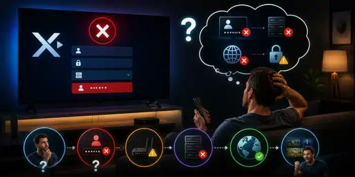 A confused user facing a failed IPTV login screen with visual indicators of possible causes like incorrect credentials, network issues, and server problems, explaining what the error means.
